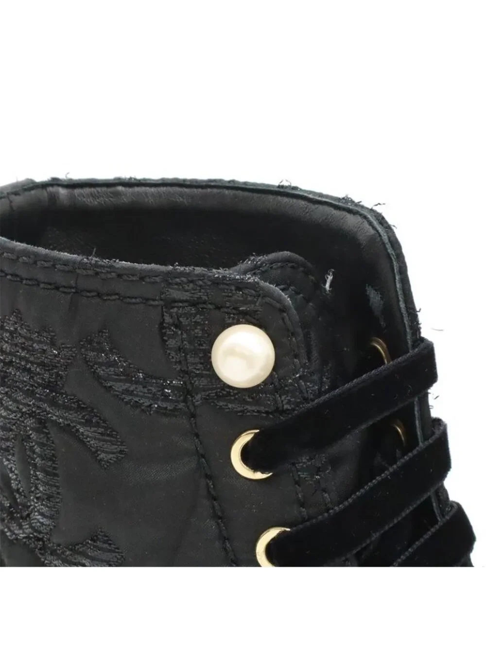 Chanel Coco Mark Short Boots Lace-Up Braided Fabric Pearl Black 38 C Size - Picture 7 of 9